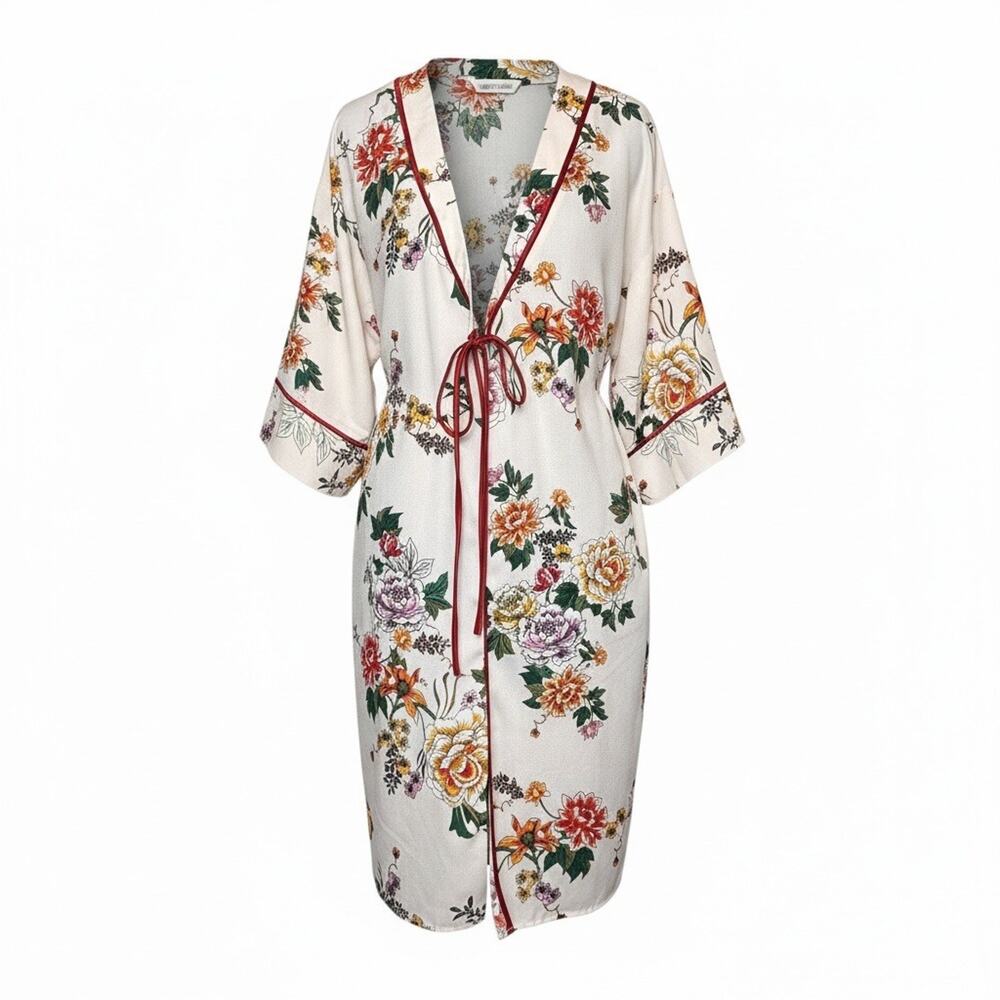 Haute Monde Floral Kimono Duster Jacket Red Piping Tie Bohemian Resort Wear L